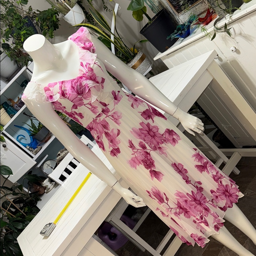 Suzy Shier White Midi Dress with Pink Floral Print XS NWOT